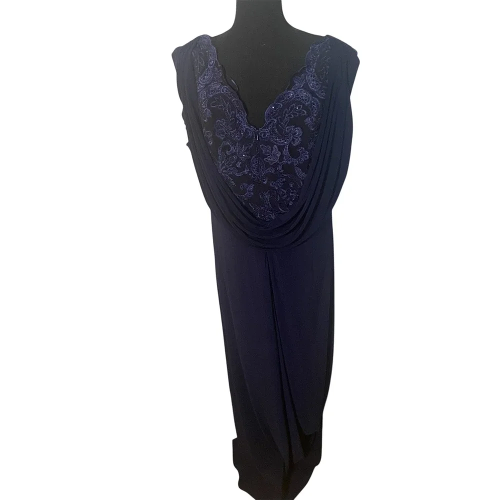 Alex Evenings Navy Blue Beaded Lace Gown Formal Evening Wedding Guest Size‎ 18
